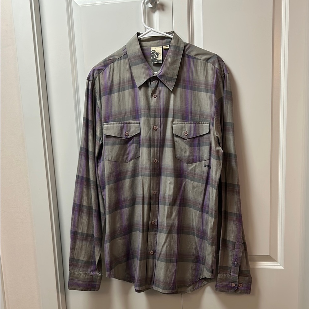 Hurley Gray and Purple Plaid Casual Button Down Shirt